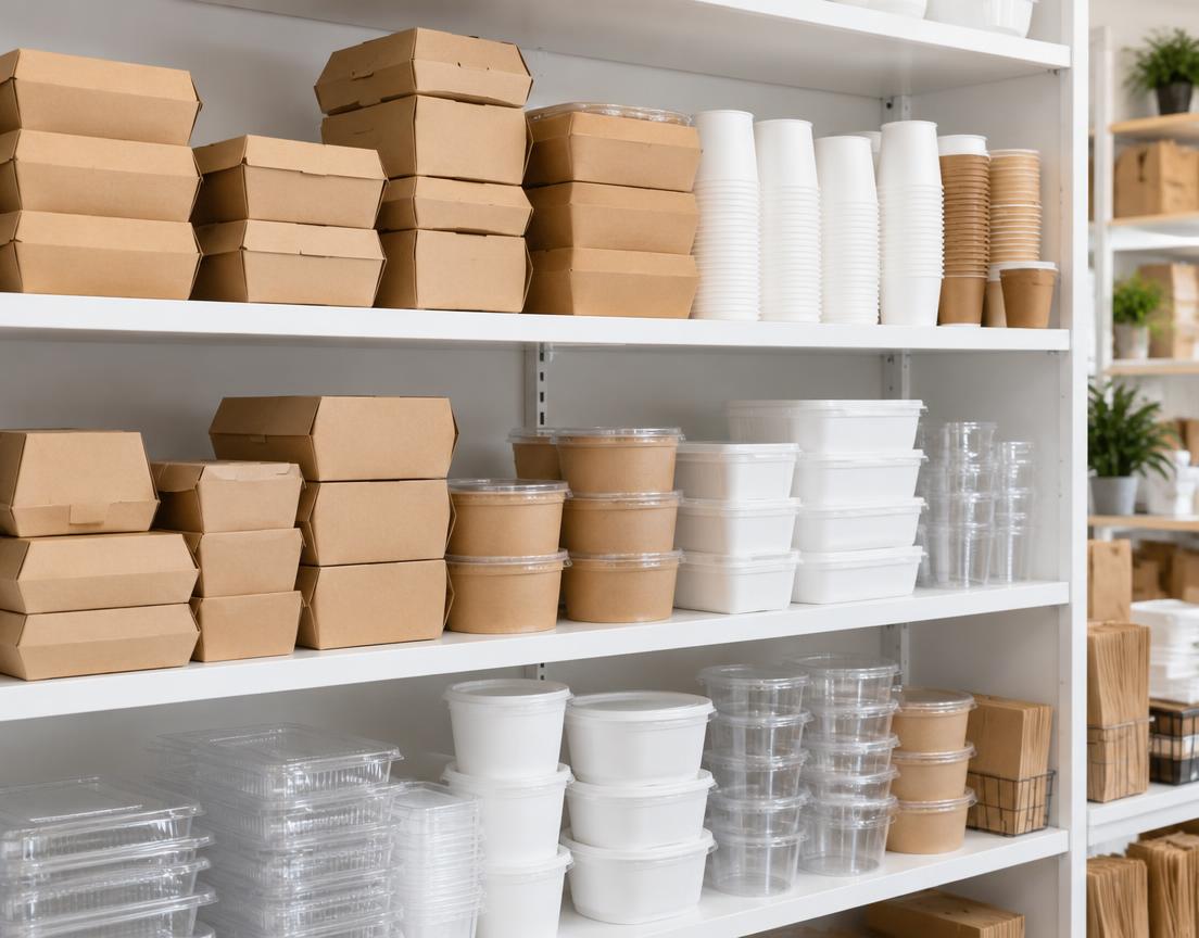 Food packaging supplies stocked on shelves at the TES store in Yaba, Lagos